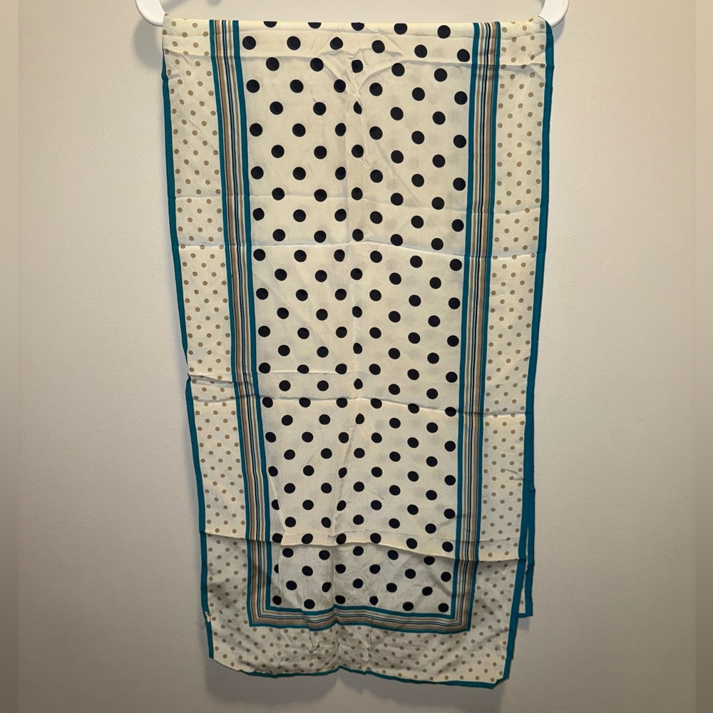 Anne Klein Cream and Black Polka Dot Scarf with Blue Trim